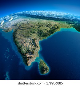 Highly detailed planet Earth in the morning. Exaggerated precise relief lit morning sun. Detailed Earth. India and Sri Lanka. Elements of this image furnished by NASA