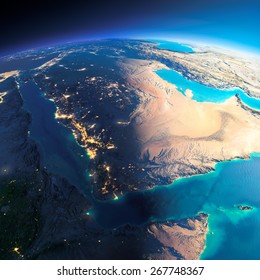 Highly Detailed Planet Earth. Night With Glowing City Lights Gives Way To Day. The Boundary Of The Night & Day. Saudi Arabia. Elements Of This Image Furnished By NASA