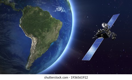 Highly detailed telecommunication satellite orbiting the Earth. South America map. 3D rendering