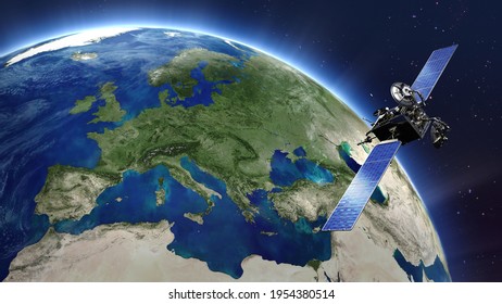 Highly detailed telecommunication satellite orbiting the Earth. Europe map. 3D rendering.