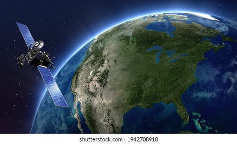 Highly detailed telecommunication satellite over the Earth. United States and Canada map. 3D rendering.