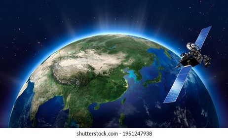 Highly detailed telecommunication satellite over the Earth. Asian map. 3D rendering.