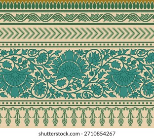 
A highly detailed,vertically oriented illustration showcasing several distinct, contiguous border patterns