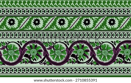 
A highly detailed,vertically oriented illustration showcasing several distinct, contiguous border patterns