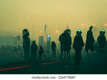 Highly Polluted Sci Fi City  With People Covering Their Faces To Breath, Climate Change Migrants Irreversible Earth Destruction, Chemical Weapons, Climate Change War Refugees 3d Rendering