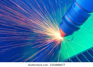 Highly precise cnc plasma machine cutting small elements out of sheet metal. Lots of bright sparks being generated in the process. Neon blue and green lights. Modern innovative technology.