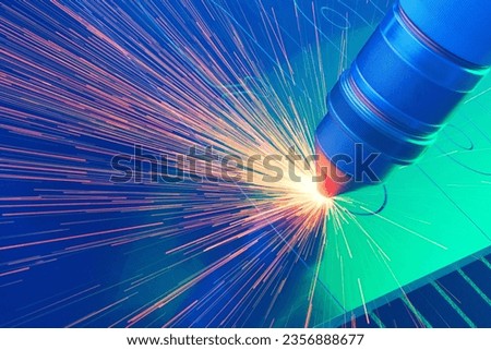 Highly precise cnc plasma machine cutting small elements out of sheet metal. Lots of bright sparks being generated in the process. Neon blue and green lights. Modern innovative technology.