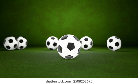 A highly realistic 3D render showcasing multiple soccer balls set against a vibrant green field backdrop. 3D Illustration - Powered by Shutterstock