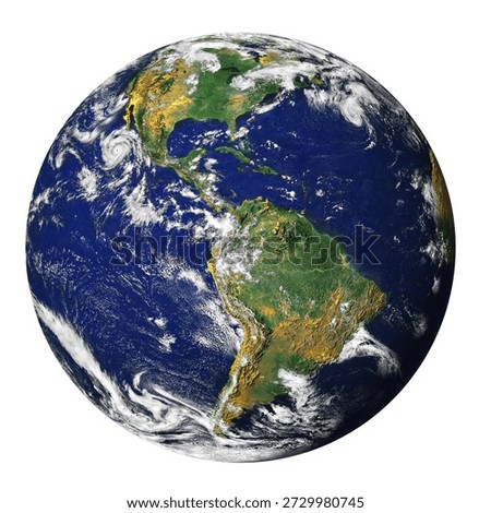 A highly realistic, high-resolution image of planet Earth as seen from space, focusing on the continents of North and South America. Majestic clouds swirl across the blue oceans and green landmasses.