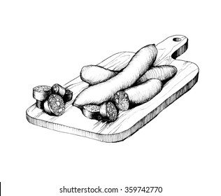 Highly-detailed Hand Drawn Black-and-white Ink Illustration Of Cut Chorizo Sausage