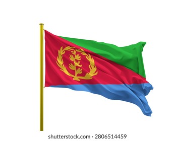 A high-quality 3D digital rendering of the national flag of Eritrea combining a large red isosceles triangle based on the hoist side with a green upper triangle and a blue lower triangle. Centered vertically on the hoist side within the red triangle is a golden olive wreath encircling an upright olive branch. The flag is realistically waving with fluid fabric ripples on a sleek, metallic golden flagpole, completely isolated on a clean white background. Perfect for national holidays, patriotic concepts, East African travel, and educational designs.