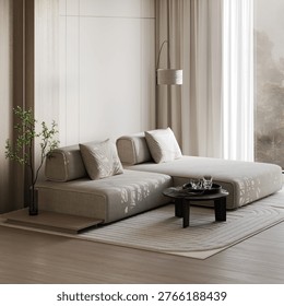 A high-quality 3D interior render showcasing a cozy and minimalist corner. The focus is on a beige fabric modular sofa complemented by a round black coffee table with glassware. Elegant natural light filters through, casting soft plant shadows on the furniture. The design follows the Japandi aesthetic, blending Japanese serenity with Scandinavian functionality through neutral colors and wooden textures