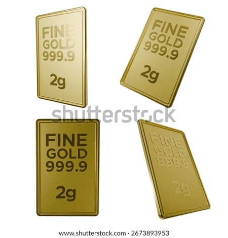 High-quality 3D render of 2 gram fine gold bar 999.9. Precious metal investment, finance, wealth and savings concept.