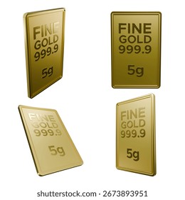 High-quality 3D render of 5 gram fine gold bar 999.9. Precious metal investment, finance, wealth and savings concept.