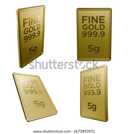 High-quality 3D render of 5 gram fine gold bar 999.9. Precious metal investment, finance, wealth and savings concept.
