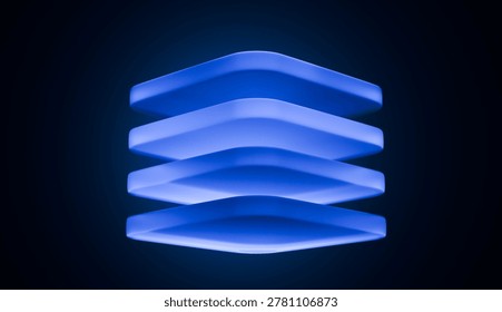 A high-quality 3D render featuring multiple stacked glowing blue rounded rectangular shapes suspended against a deep dark background representing digital layering and technical organization.