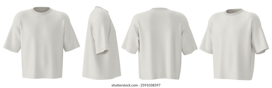 High-quality 3D render of a mens white oversized T-shirt mockup with front, back, and side views, ideal for fashion design and branding.