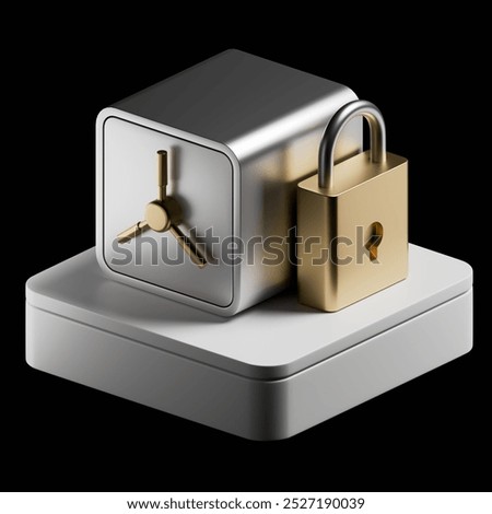 High-quality 3D Render of Metallic Safe with Gold Padlock Symbolizing Security and Protection on Dark Background