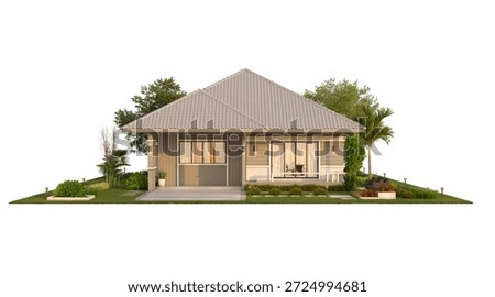 A high-quality 3D render of a modern one-story residential house with a gray hip roof and landscaped garden on a white background.