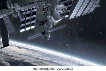 A high-quality 3D render of a planetary cataclysm. The surface of an alien planet is being bombarded by large, burning meteors, creating huge impact craters