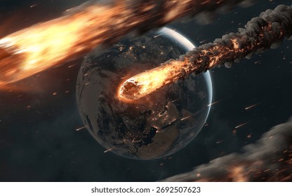 A high-quality 3D render of a planetary cataclysm. The surface of an alien planet is being bombarded by large, burning meteors, creating huge impact craters