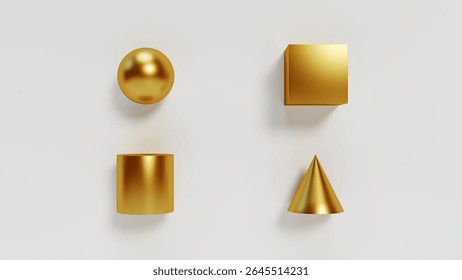 High-quality 3D rendered composition featuring a collection of geometric shapes in metallic gold.