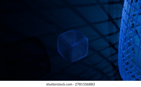 A high-quality 3D rendered conceptual visualization of a glowing blue wireframe cube structure suspended in deep space representing advanced digital data structures and futuristic.