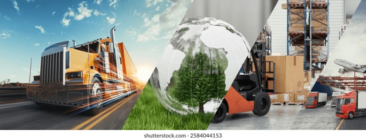 High-quality 3D rendering illustration showcasing modern logistics, sustainable transportation, and global supply chain solutions.