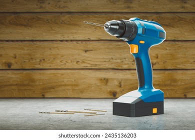 High-quality cordless electric drill with a secure bit, showcased on a robust concrete surface, epitomizing modern DIY and professional craftsmanship. - Powered by Shutterstock