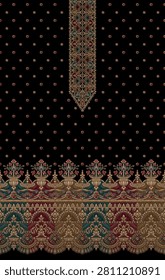 High-quality digital textile print layout for women's ethnic wear in [Black]. The design features intricate gold butta motifs, a highly detailed traditional neckline, and a heavy floral daman (border) inspired by Zardosi and Aari craftsmanship. Perfect for digital fabric printing, kurti manufacturing, salwar suits, and dress materials.