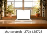 High-quality laptop screen mockup presented in a clean, front-facing composition inside a bright loft-style home office. The laptop is placed on a wooden desk in front of a large window, surrounded by indoor plants and white brick walls