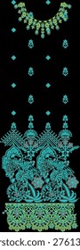 A high-quality, ornate embroidery pattern featuring a majestic neckline gala design and matching decorative borders. This digital illustration showcases traditional Chikan or Kashmiri-inspired floral motifs with delicate white threadwork and subtle pink accents. Perfect for fashion designers, textile prints, and ethnic wear like Kurtas, Kaftans, and Sarees. The design includes a central floral urn motif, trailing vine borders, and scattered floral 