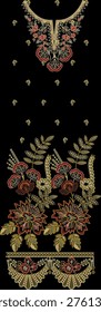 A high-quality, ornate embroidery pattern featuring a majestic neckline gala design and matching decorative borders. This digital illustration showcases traditional Chikan or Kashmiri-inspired floral motifs with delicate white threadwork and subtle pink accents. Perfect for fashion designers, textile prints, and ethnic wear like Kurtas, Kaftans, and Sarees. The design includes a central floral urn motif, trailing vine borders, and scattered floral 