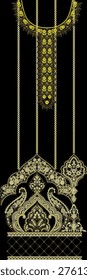A high-quality, ornate embroidery pattern featuring a majestic neckline gala design and matching decorative borders. This digital illustration showcases traditional Chikan or Kashmiri-inspired floral motifs with delicate white threadwork and subtle pink accents. Perfect for fashion designers, textile prints, and ethnic wear like Kurtas, Kaftans, and Sarees. The design includes a central floral urn motif, trailing vine borders, and scattered floral 