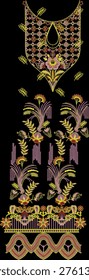 A high-quality, ornate embroidery pattern featuring a majestic neckline gala design and matching decorative borders. This digital illustration showcases traditional Chikan or Kashmiri-inspired floral motifs with delicate white threadwork and subtle pink accents. Perfect for fashion designers, textile prints, and ethnic wear like Kurtas, Kaftans, and Sarees. The design includes a central floral urn motif, trailing vine borders, and scattered floral 
