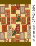 A high-quality, seamless "all over repeat" digital textile pattern inspired by Kalamkari and Pichwai art. This intricate patchwork design features majestic peacocks with flowing plumage, decorated royal elephants, and ornamental paisley and floral frames. The color story is warm and vibrant, utilizing burnt orange, turquoise, mustard yellow, and deep red on a soft cream background. Each framed motif mimics traditional Indian block printing and hand-painted aesthetics. Perfect for saree fabric, ethnic garments, boutique upholstery, and cultural event backdrops.
