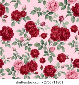 High-quality seamless floral pattern featuring beautiful red and pink roses with green leaves. This elegant botanical design is perfect for bedsheets, textile clothing, premium wrapping paper, gift present paper, and home decor wallpapers.
