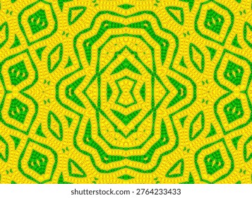 A high-quality seamless geometric pattern from a nature-inspired series, featuring the vibrant green of barley fields and the bright yellow of rapeseed flowers in a symmetrical kaleidoscope design.