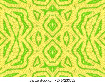 A high-quality seamless geometric pattern from a nature-inspired series, featuring the vibrant green of barley fields and the bright yellow of rapeseed flowers in a symmetrical kaleidoscope design.