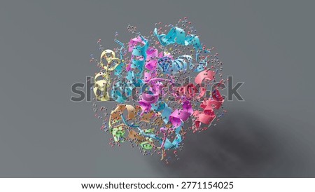 High-Resolution 3D Molecular Structure Visualization of Insulin Lispro with Detailed Atomic Model and Ribbon Representation