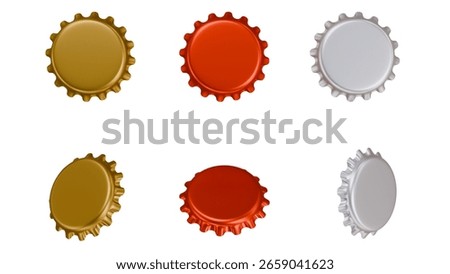 High-Resolution 3D Render of Metallic Bottle Caps in Gold, Red, and Silver Finishes Top and Angled Views