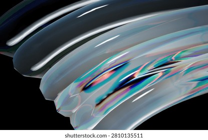 A high-resolution 3D render of smooth, curved, flowing forms with a glossy, iridescent finish, showcasing vibrant spectral colors and light refractions against a deep black void.