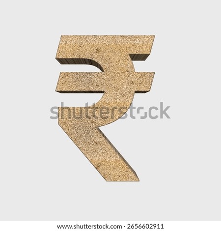 High-resolution 3D rendering of the Indian Rupee (₹) symbol with a golden sand texture. Isolated on a clean white background. Perfect for finance, banking, investment, economic and Indian c.