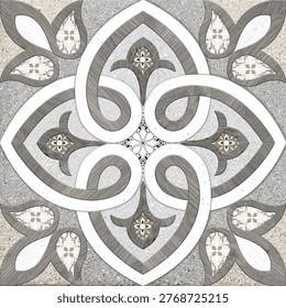 A high-resolution square decorative ceramic floor tile with an interlocking ornate pattern in white, grey wood grain, and granite stone textures for interior design.