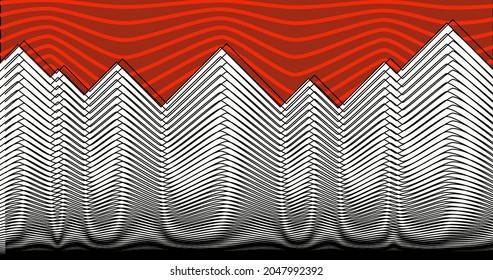 High-rise Mountains. Minimalist composition showing juxtaposition of nature and urbanization. Angular lines transition to organic waves matched with a orange sunset sky