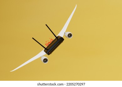 High-speed Home Internet. A Wi-Fi Router Taking Off On The Wings Of An Airplane On A Yellow Background. 3D Render.