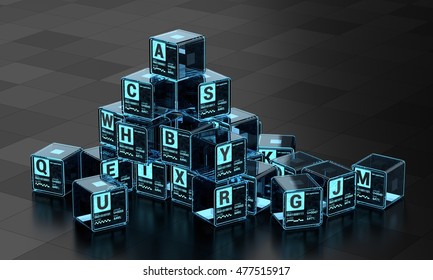 High-Tech Blue Glowing Alphabet Cubes Set Marked With ASCII, Unicode, RS-232, And HTML Character Encoding 3d