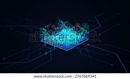 High-tech concept of an artificial intelligence microchip processing big data flows. 3D isometric view of glowing neural network circuits and binary code on a dark background for futuristic tech.