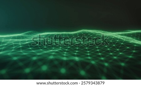 High-tech digital surface with radiant green particles and curved lines, abstract data visualization with depth and motion on a dark background