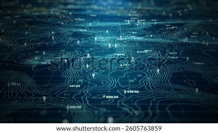 High-tech digital topographic map with glowing data points, GPS markers, and geospatial analytics. Technology big data and geospatial concepts. Future abstract background 3d Rendering